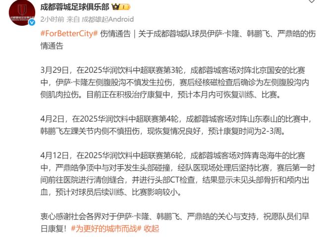 开云体育app下载-蓉城公布卡隆韩鹏飞严鼎皓伤情 韩鹏飞将缺2-3周